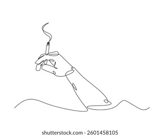 Hand holds a cigarette outline drawing illustration. one continuous line drawing of smoker's hand.