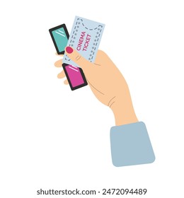 A hand holds a cinema ticket and 3D glasses on a white background. Flat vector illustration