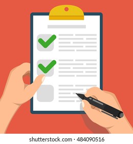 Hand holds clipboard with checkmarks and hand with pen about to write on it. Flat vector illustration.