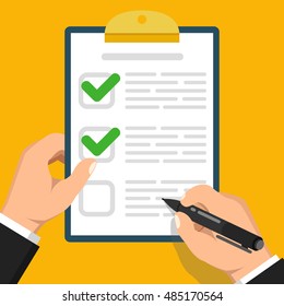 Hand holds clipboard with checkmarks and hand with pen about to write on it. Flat vector illustration.
