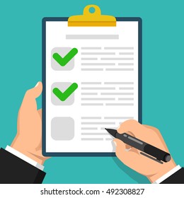 Hand holds clipboard with checkmarks and hand with pen about to write on it. Flat vector illustration.