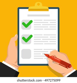 Hand holds clipboard with checkmarks and hand with pen about to write on it. Flat vector illustration.