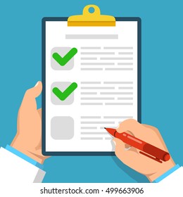 Hand holds clipboard with checkmarks and hand with pen about to write on it. Flat vector illustration.