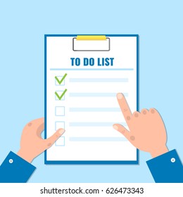 Hand holds clipboard with checkmarks. To-do list flat design concept. Vector illustration.