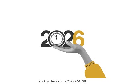 A hand holds a clock symbolizing the passage of time in 2026. The design combines elements of modernity and anticipation for the future, emphasizing transition and progress.
