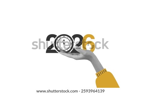 A hand holds a clock symbolizing the passage of time in 2026. The design combines elements of modernity and anticipation for the future, emphasizing transition and progress.