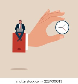 The hand holds a clock. Working remotely with computer laptop. Remote job, virtual office, freelancer or online office. Flat modern vector illustration.