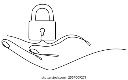 Hand holds closed padlock continuous line drawing. Protect and security symbol in human arm. Vector hand drawn illustration isolated on white.	