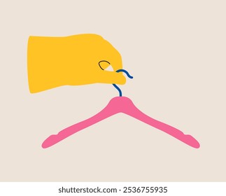 Hand holds a clothes hanger. Colorful vector illustration 