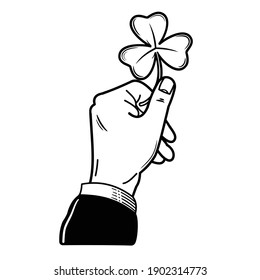 Hand holds clover Vector illustration Isolated on white background