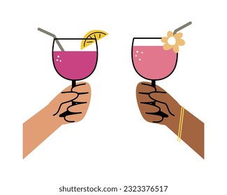 Hand holds cocktail clinking glass.Cheers toast, festive hand drawn alcohol drink decoration for holidays,romantic Valentine's Day design. Isolated.Vector illustration