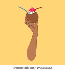 Hand holds a coconut with a drink. Vector illustration. Cartoon style.