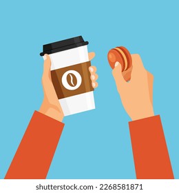Hand holds coffee cup and macaron cookie in trendy flat style. Design element for your advertisement. Drink take away template. Vector illustration isolated.