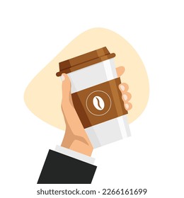 Mano sostiene una taza de café en un estilo moderno y plano. Elemento de diseño para tu anuncio. Beba una plantilla para llevar. Ilustración vectorial.