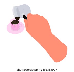 Hand holds a coffee maker and pours ready-made hot coffee into a coffee glass. Preparing coffee in flat style illustration isolated on white background. Colored vector illustration