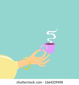 hand holds a coffee mug. Cute image, coffee advertisement, design element, banner. Elegant hand with a mug of hot drink. flat style, vector.