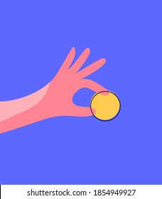 The hand holds the coin against a blue background. Vector illustration of payment, charity, donation, investment, savings. Trendy flat style illustration.