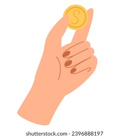 Hand holds a coin. Concept of financial operation with money bills and banknotes. Vector illustration with hand and money bills.
