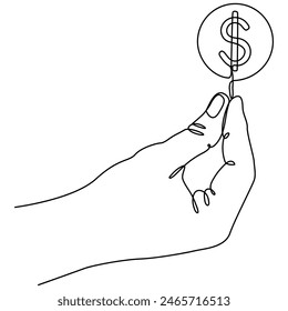 Hand holds coin continuous one line drawing art. Dollar linear symbol. Savings and investment money concept. Vector illustration isolated on white.