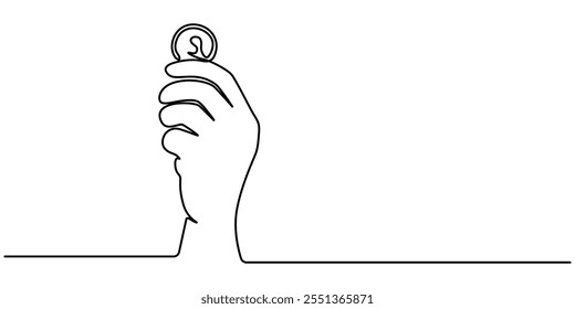Hand holds coin continuous one line drawing art. Dollar linear symbol. Savings and investment money concept. Vector illustration isolated on white, Continuous one line drawing of dollar sign Minimal.