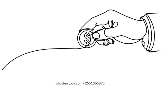 Hand hält Münze durchgehende einzeilige Zeichnung art. Dollar lineares Symbol. Spar- und Investitionsgeldkonzept. Vektorgrafik einzeln auf Weiß, durchgehende einzeilige Zeichnung des Dollarzeichens Minimal.