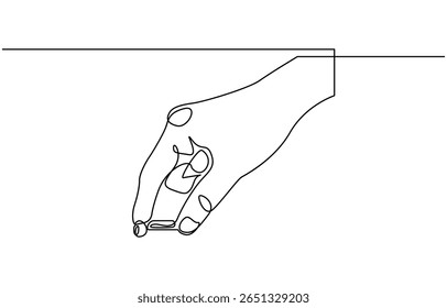 La mano sostiene la moneda una línea continua que dibuja el concepto de ahorro de arte y dinero de inversión, de una mano que sostiene una Ilustración vectorial de una sola línea de negocio financiero de monedas.