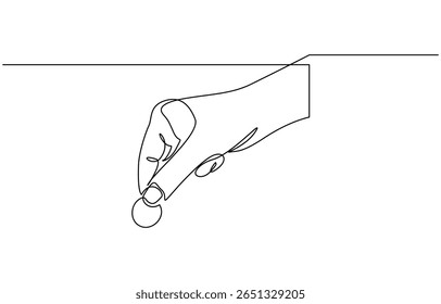 Mão mantém moeda contínua uma linha desenhando poupança arte e investimento dinheiro conceito, de uma mão segurando um negócio financeiro moeda única linha vetor ilustração.