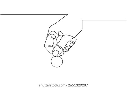 Mão mantém moeda contínua uma linha desenhando poupança arte e investimento dinheiro conceito, de uma mão segurando um negócio financeiro moeda única linha vetor ilustração.
