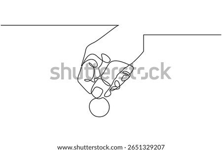Hand holds coin continuous one line drawing art savings and investment money concept, of a hand holding a coin financial business single line vector illustration.