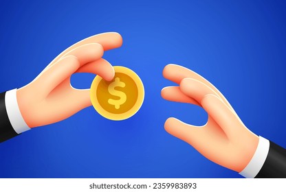 Hand holds a coin and gives it to another. Salary, charity and finance concept. Modern 3d style. Vector illustration