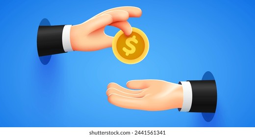 Hand holds a coin and gives it to another. Salary, charity and finance concept. Modern 3d style. Vector illustration