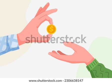 A hand holds a coin and gives it to another. Salary, charity and finance concept. Modern flat style. Isolated on white background. Vector illustration