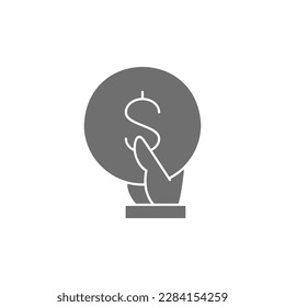 Hand holds a coin grey fill icon. Finance, payment, invest finance symbol design.