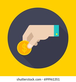 Hand holds a coin. Icon flat style vector illustration.