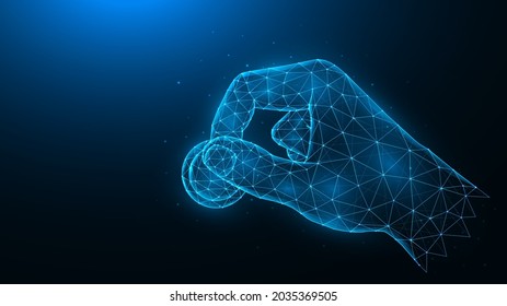 Hand hält eine Münze, polygonal, Vektorgrafik auf dunkelblauem Hintergrund. Investment- oder Wohltätigkeitskonzept.