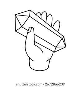 La mano sostiene un cristal de color. Cristal mineral mágico. Piedras preciosas, amatista, rubí, zafiro, esmeralda, topacio y cuarzo. Ilustración vectorial.