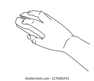 Hand holds a computer mouse. Using a computer, gaming illustration. Black linear drawing on white background