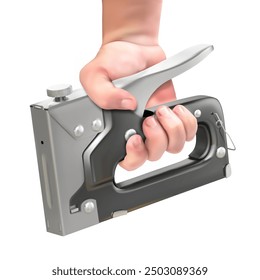 A hand holds a construction stapler on a white background. Vector illustration.