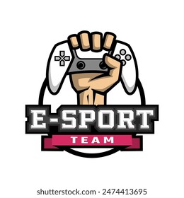 The hand holds the controller. E-sport logo.