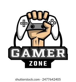 The hand holds the controller. Hardcore gamer logo.