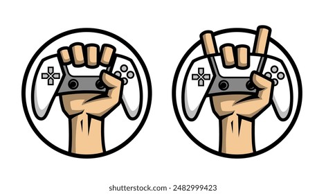 The hand holds the controller. Hardcore gamer logo two options.