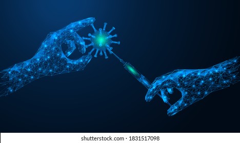 The hand holds the coronavirus, the second hand makes an injection. Medical concept of treatment for the covid-19 virus. Polygonal construction of concatenated lines and points. Blue background.