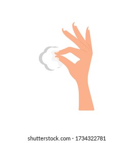 The hand holds a cotton swab, cotton. Vector illustration, flat cartoon design, eps 10.