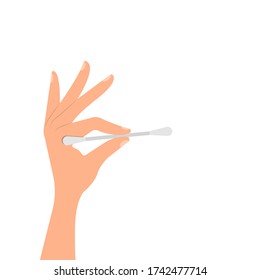 Hand holds a cotton swab. Vector illustration, flat cartoon design, eps 10.