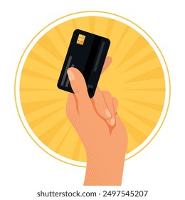 Hand holds credit card. Human hand with bank card. Payment, purchase or transaction concept. Vector illustration