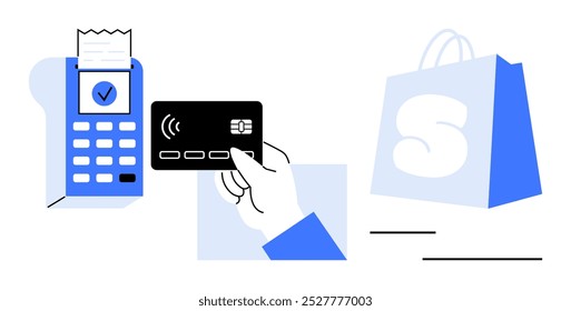 A hand holds a credit card near a card reader with a receipt beside a shopping bag. Ideal for modern retail, electronic payments, shopping, transactions, and financial technology themes. Clean vector