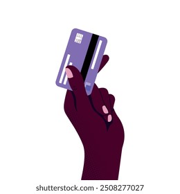 Hand holds a credit card. Payment, purchase or transaction concept. Human hand with a bank card. Vector illustration