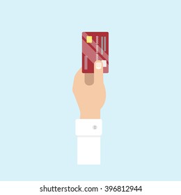 Hand Holds Credit Card. Credit Card Payment, Purchase, Transaction. Vector Flat Design Style. 