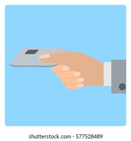 Hand holds credit card. Vector illustration flat style.