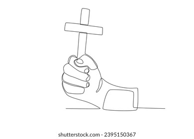 A hand holds a cross. Reforma protestante one-line drawing